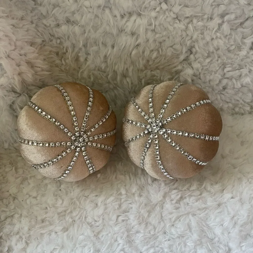 Pair of styrofoam pumpkins cover with offwhite velvet gold rhinestones &…